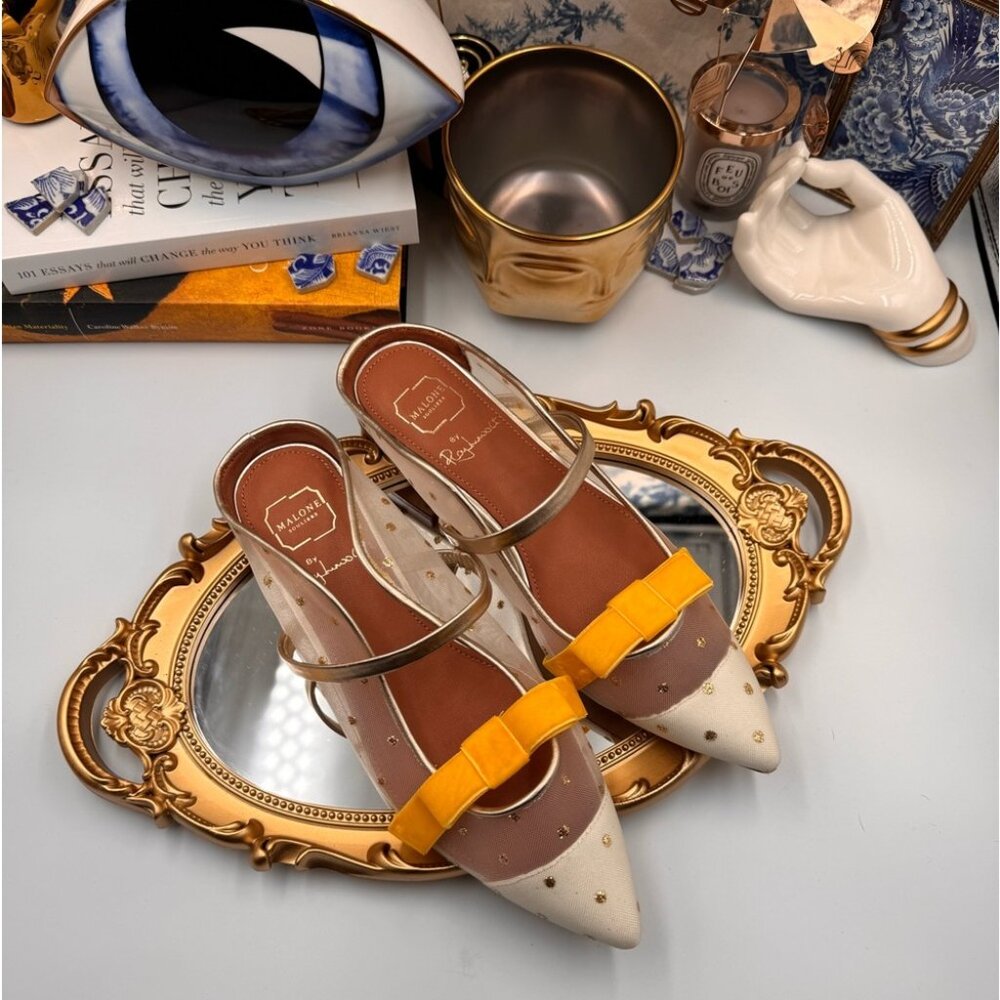 🆕 MALONE SOULIERS 🧿 BNWOB White Mesh Mules with Yellow Velvet Bow Size 39 - 9 - Picture 15 of 15